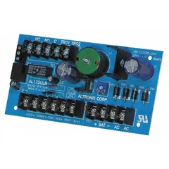 Phenolic/fiberglass power supply board accepting 24V AC input. Provides two outputs configurable for 12V DC or 24V DC at 1.75A. Used for low-voltage power distribution in access control, security, and automation systems.