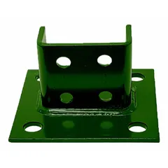 Steel post base designed for double strut channels of size 1-5/8 in x 3-1/4 in. Features a green coated finish and eight mounting holes. Used in industrial framing and support systems to secure vertical posts for piping, cable trays, or equipment.