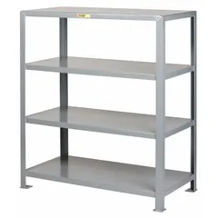 This standalone welded shelving unit has a 30 by 18 inch footprint and stands 72 inches tall with four shelves. The gray powder-coated finish resists corrosion. It is suited for heavy-duty storage in warehouses, workshops, and maintenance facilities.