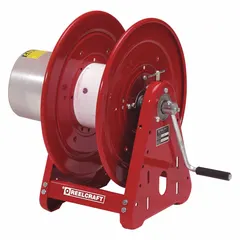 Hand-crank welding cable reel for arc welding applications. Supports maximum current of 400 A and accepts cable sizes from 2 AWG to 2/0 AWG. Holds up to 400 ft of 1/0 AWG cable. Single-reel unit.