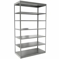 This heavy-duty standalone open metal shelving unit is constructed with a steel frame and steel shelves. It measures 48 inches by 24 inches with an overall height of 84 inches and includes seven shelves. The unit is unassembled and finished in gray. Suitable for organizing bulk parts, tools, and equipment in industrial environments.
