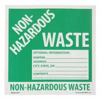 White background label with 'Non-Hazardous Waste' message. Used for marking containers that hold non-hazardous waste in industrial, manufacturing, and laboratory settings. Includes optional information field. Pack of 25 labels, each 6 inches wide