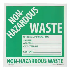 White background label with 'Non-Hazardous Waste' message. Used for marking containers that hold non-hazardous waste in industrial, manufacturing, and laboratory settings. Includes optional information field. Pack of 25 labels, each 6 inches wide.