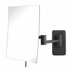 Rectangular wall-mounted makeup mirror with integrated lighting. Glass mirror with polished edge set in a black metal frame. Overall dimensions: 13 in height, 11 in width, 3 in depth. Suitable for bathrooms, dressing rooms, and salons where a lighted mirror is needed for grooming tasks.