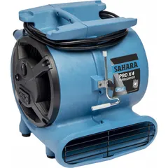 Portable centrifugal blower with polypropylene housing and fixed frame. Operates on 115V AC with three speeds and GFCI protection. Suitable for drying and ventilation applications in construction and industrial settings. Can be positioned horizontally or vertically for flexible airflow direction.
