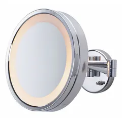 This round, wall-mounted makeup mirror features a glass mirror with 5X magnification and front lighting for detailed grooming. The metal frame has a chrome finish and polished edge. Overall dimensions: 10 in height, 11 in width, 4 in depth. Suitable for bathrooms, dressing rooms, or salons.