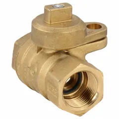 Manual two-way brass ball valve with a straight body and 1 1/4 in female NPT connections on both ends. Full port ball port minimizes pressure drop. Locking tee handle allows secure shutoff. Used for on/off flow control in water, oil, and gas piping systems.