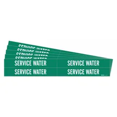 Green adhesive pipe marker with white 'Service Water' legend, designed for pipes with outer diameter 3/4 to 2-3/8 inches. Each pack contains 4 markers without arrows, supplied as a 5-pack. Used to identify pipes carrying service water in industrial facilities, aiding compliance with pipe-labeling standards.