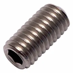 Metric cup point set screw with M5x0.8 thread, 10 mm overall length, made of titanium with plain finish and socket drive. Designed for securing components onto shafts, the cup point provides a firm grip. Supplied in a small pack.