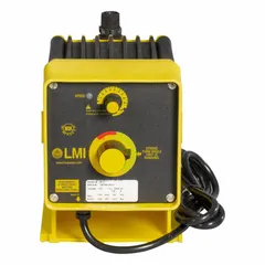 Compact solenoid-driven diaphragm metering pump with PVC head, PTFE diaphragm, and thermoplastic body. Operates on 115V AC with ±1.0% reproducibility. Features ceramic check balls, PVDF/Polyprel seals, and PVC fittings. Suitable for precise chemical dosing in water treatment, industrial processing, and chemical injection applications.
