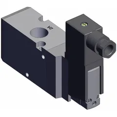 Three-way, two-position solenoid valve from the VP Series. Normally closed operation with single solenoid and female 3/8 NPTF ports. Used for on/off control of pneumatic actuators, cylinders, or pilot signals in industrial automation systems.