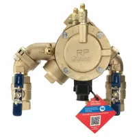 Reduced pressure zone backflow preventer with FNPT connections and ball valve shut-off. Protects potable water supplies by preventing reverse flow in cross-connection situations. Suitable for commercial and industrial plumbing systems, including irrigation and fire sprinkler lines