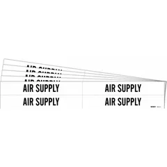 White adhesive pipe marker with black 'Air Supply' legend, designed for identifying compressed air or pneumatic supply lines. Fits pipe outer diameters from 3/4 to 2-3/8 inches. Each pack contains 4 markers without arrows, sold in a 5-pack configuration.