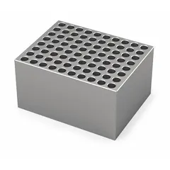 Dry block heater with 80 wells for 0.2 mL tubes, made of anodized aluminum for even heat distribution. Overall dimensions 3 in length by 3 3/4 in width, well diameter 6 3/8 mm. Includes a thermometer well for temperature monitoring. Used in laboratories for heating samples in applications such as enzyme reactions, incubation, and sample preparation.