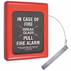 Clear polycarbonate guard for manual fire alarm pull stations. Surface-mount design for wall installation. Legend reads: IN CASE OF FIRE BREAK GLASS PULL FIRE ALARM. Helps prevent accidental activation or damage to the pull station.