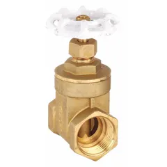 This 3/8 inch non-rising stem brass gate valve features FNPT x FNPT connections, a solid wedge, and a wheel handle. Constructed with a brass bonnet and brass wedge, it is rated for 200 psi CWP. Suitable for potable water systems, the non-rising stem design allows installation in spaces with limited vertical clearance, such as plumbing manifolds or behind walls.