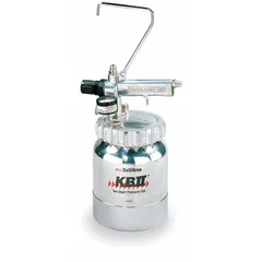 This DEVILBISS spray gun cup is a 2-quart siphon-feed assembly that includes a regulator. It is designed for use with siphon-feed spray guns in industrial finishing tasks such as painting and coating applications.