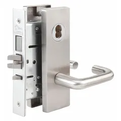 This passage lever lockset is designed for interior doors where locking is not required. It features a satin stainless steel finish and an MR136 escutcheon style, with an ADA-compliant lever for accessibility. Suitable for commercial or institutional high-traffic areas.