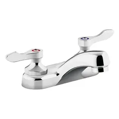 This centerset handle bathroom faucet is constructed of brass with a polished chrome finish. It features an arc spout design and a flow rate of 1 gpm, suitable for residential and commercial bathroom sinks in new construction or renovation projects.