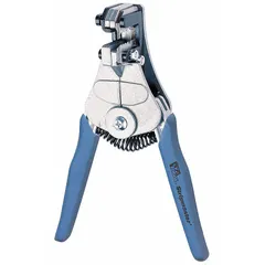 This wire stripper is designed for stripping insulation from 30 AWG to 20 AWG copper cable, removing 6 to 8 inches of insulation per strip. It features a standard cushion grip for comfort and has an overall length of 6-1/2 inches. Suitable for precision work in electrical panel wiring, control cabinet assembly, and electronics applications requiring clean, nick-free stripping.