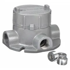 Aluminum XTF round body cross type conduit outlet body with 1/2 in trade size, threaded female hubs, and flat back. Includes cover and grounding screw. UL listed for hazardous locations. For use with RMC as a junction point for pulling conductors or changing direction.