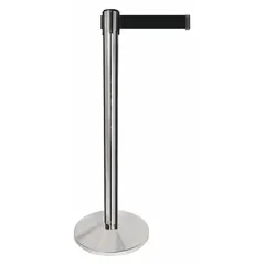 This retractable belt post barrier from QUEUEWAY features a silver metal alloy post and base with a black belt that has no legend or pattern. The belt extends to 10 ft and is 2 in wide, providing a visual barrier for crowd control and queue management in public spaces such as retail stores, airports, and event venues.