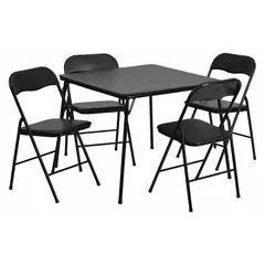This folding table and chair set includes a table with a vinyl tabletop surface. The table has an overall width of 33 1/2 inches and an overall height of 27 3/4 inches. Suitable for portable seating and dining in schools, event halls, and break rooms.