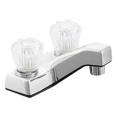 Centerset handle bathroom faucet with plastic body and chrome finish. Flow rate of 1.2 gpm. Includes handle and 50/50 pop-up drain assembly. Suitable for residential or light-commercial bathroom sinks.