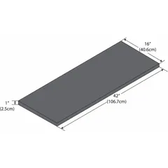 This phenolic shelf measures 42 inches in overall length, 16 inches in overall width, and 1 inch in overall height. It is black in color and designed for organizing and storing equipment, glassware, and supplies in laboratory and industrial settings.