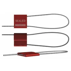 Steel cable seal with 12-inch length and 1/16-inch diameter, featuring white 'Sealed' marking, sequential numbering, and barcode. Supplied in a 50-pack. Used for tamper-evident security on cargo containers, trucks, and storage units.