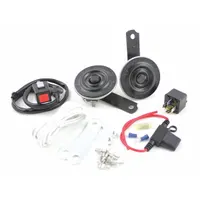 This FIAMM electric horn operates on 12V DC and produces a full tone with a maximum sound level of 131 dB. It is finished in black with an unfinished surface and includes a mounting bracket. Designed for use in recreational vehicles (RVs) as an audible warning device