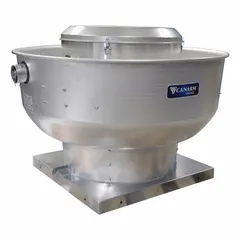 Direct-drive upblast exhauster for roof or wall mounting, suitable for exhausting grease-laden air from commercial kitchens. Features a 16 1/2 in wheel, 2,595 cfm, and an open dripproof electronically commutated motor rated 1/2 hp, 1-phase, 115/208-230V AC. Includes drive package, square base, and variable-speed control for high-static-pressure applications.