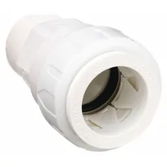 Polysulfone push-to-connect tube fitting with 3/4 in OD tube size and 3/4 in male NPT pipe thread. Enables tool-free connection of tubing to threaded ports in fluid systems. Suitable for water, air, and compatible fluids in industrial applications.