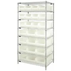 This wire stationary bin shelving unit includes 24 clear polypropylene open-front bins in hang-and-stack style. The silver steel frame supports one-sided access. Suitable for organizing small parts, hardware, and inventory items in warehouses, workshops, and manufacturing facilities.