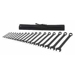 This SAE 12-point combination wrench set includes 18 tools made of alloy steel with a black oxide finish. The wrenches feature a 15° head offset angle and offset design for improved access in confined spaces. Suitable for tightening and loosening SAE fasteners in automotive, machinery, and general assembly applications. Set comes with a storage pouch.