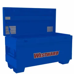 This chest-style jobsite box offers 9 cu ft of storage capacity for tools and equipment. It features a recessed padlock hasp (lock not included) and measures 42 in W x 19 7/16 in D x 23 1/2 in H. The blue finish provides weather resistance for outdoor use on construction sites.