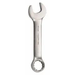 Alloy steel combination wrench with a satin finish. Features a 16 mm 12-point box end and an open end with offset design for improved access. Overall length of 4 3/4 inches. Used for tightening or loosening metric fasteners in automotive, machinery, and general assembly applications.