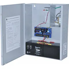 The ALTRONIX AL175ULX2 is a power supply/charger housed in a steel enclosure, operating on 115V AC input. It provides regulated power and battery charging for access control and security systems, such as powering locks, panels, and other low-voltage devices.