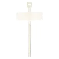 Natural-colored vertical flag identification cable ties with a 4-inch nominal length and 3/4-inch nominal maximum bundle diameter. The flag design provides a flat surface for labeling in indoor electrical panels, control cabinets, and data centers. Not rated for outdoor use. Supplied in a 100-pack.