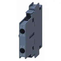 Side-mounted auxiliary contact block with one normally open and one normally closed contact. Designed for Frame Size S0 and compatible with SIRIUS 3RT1 contactors. Provides additional switching contacts for signaling, interlocking, or control logic in motor control applications.