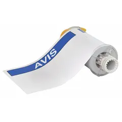 White vinyl label roll with acrylic adhesive, precut in AVIS Header format. Each roll contains 60 labels in two sizes: 7 in x 10 in and 10 in x 7 in. Compatible with BBP85 printer series for industrial identification and facility signage.