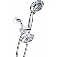 Fixed and handheld showerhead combination with chrome finish. Fixed showerhead width is 4 inches. Multi-function spray patterns allow selection of different water flows. Suitable for residential and light-commercial bathroom installations.