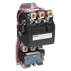 Three-pole non-reversing motor starter with electronic overload protection, NEMA Size 4 rated for 135 A. Includes a 110/120V AC coil, pilot light, and one normally open auxiliary contact. Screw terminals for wiring. Suitable for starting and stopping three-phase motors in industrial applications such as pumps, fans, conveyors, and compressors.