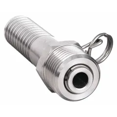 This stainless steel hose adapter connects a faucet sprayer hose to a water supply line. The barb inlet provides a secure grip on flexible hose, while the swivel design allows flexible positioning. Suitable for kitchen or janitorial sink installations requiring a leak-resistant connection.