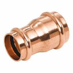 This press-fit straight coupling joins two copper tubes of different sizes in plumbing systems. It features press-fit x press-fit connections and is sized 3/4 in CTS x 1/2 in CTS. Made of copper, it is suitable for residential and commercial water supply lines.