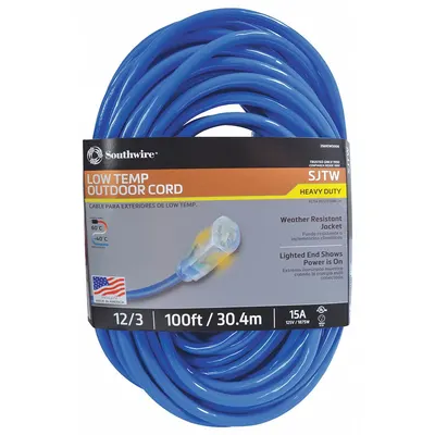 SOUTHWIRE Extension Cord: Outdoor Use, 100 ft Lg, Outlet, 5-15P, 12/3, SJTW, Blue - Outdoor Extension Cords with Single Outlet