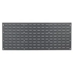 This wall-mount louvered panel provides a single-sided storage surface for organizing tools or parts in workshops, garages, and warehouses. The gray baked enamel finish offers a durable coating. Compatible bins or hooks (not included) can be inserted into the louvered slots.