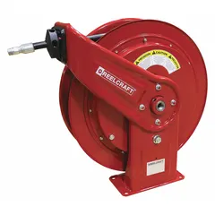 Spring-return hose reel with red finish, designed for dispensing grease in lubrication systems. Handles 75 ft of 1/4 in I.D. hose, with 1/4 in MNPT hose end and nickel-plated steel swivel. Maximum operating pressure 5,000 psi. Overall dimensions 19-3/4 in L x 8-1/4 in W x 20-1/4 in H.