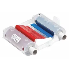 Resin-formulated two-color printer ribbon in blue/red, designed for use with GlobalMark 2 Multicolor Industrial Label Maker. Solvent-resistant, with 60 panel sets per ribbon. Suitable for industrial labeling applications requiring durable, solvent-resistant identification.