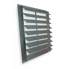 This wall-mount backdraft damper features a double-panel design with flat blades, measuring 45 inches high by 45 inches wide by 3 inches deep. It is constructed of extruded aluminum and supports horizontal airflow with vertical mounting. Maximum air velocity is 3250 fpm. Commonly used in commercial or industrial ventilation systems to prevent reverse airflow when the fan is off.